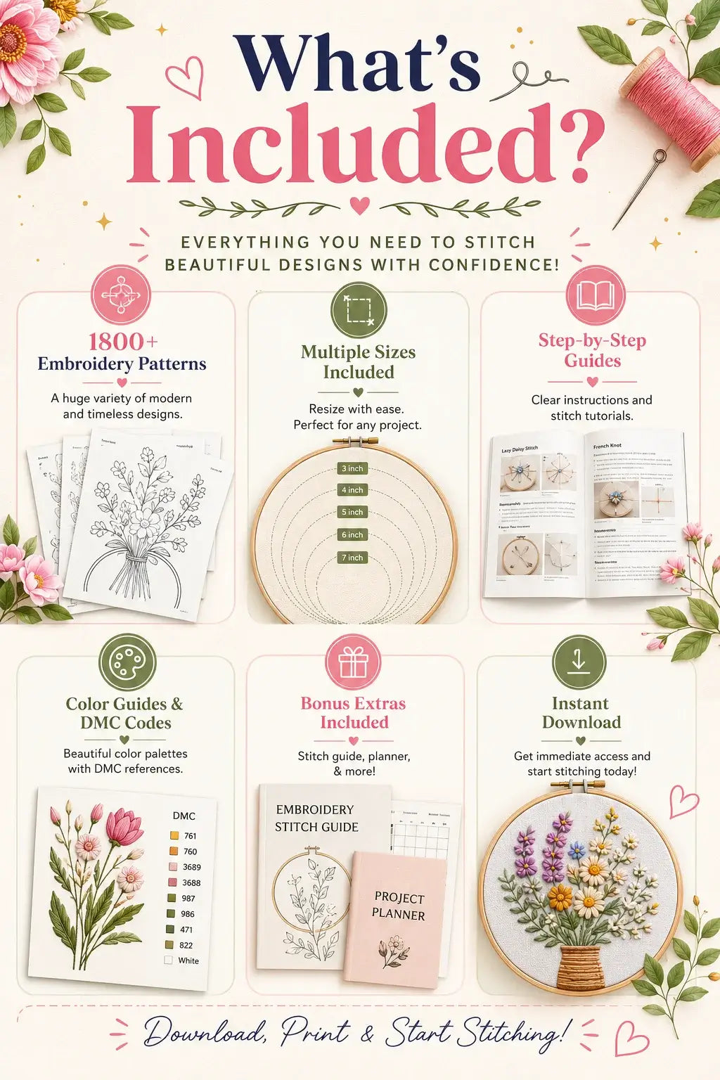 1800+ Premium Hand Embroidery Pattern PDF | Beginner-Friendly DIY Wall Art