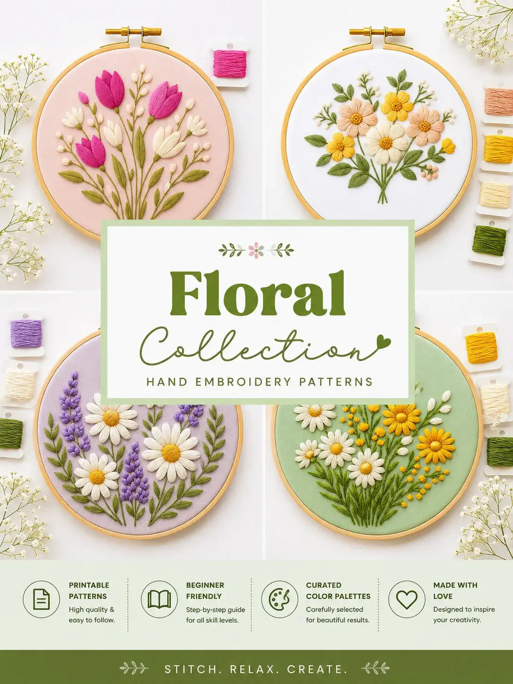 1800+ Premium Hand Embroidery Pattern PDF | Beginner-Friendly DIY Wall Art